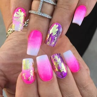 Hot Pink Ombre Purple #nails - gold foil leaf accents via @m