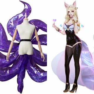 Hot LOL KDA Ahri Cosplay Costume Fox Tails PVC Purple Nine T