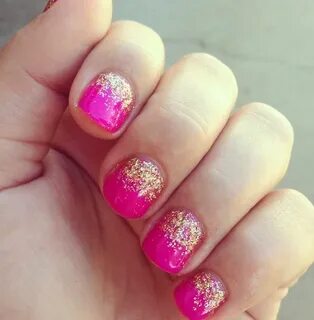 Hot pink gel nails with gold glitter! Renee @ Allusions Pink