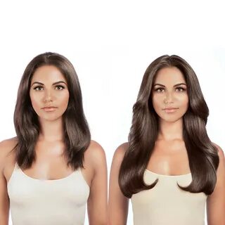 Brunette Clip-in hair extensions before and after-front faci