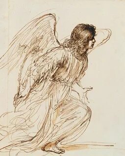 A drawing of an angel, full length, in profile to the right,