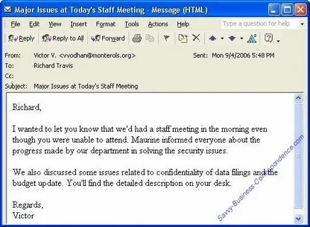 Email message summarizing issues discussed at a staff meetin