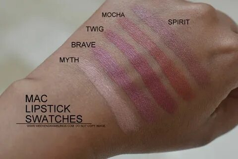 MAC Lipstick Swatches - Myth, Brave, Twig, Mocha, Spirit Mac