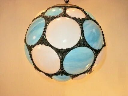 VTG. UNIQUE REAL STAINED GLASS SWAG LAMP TURQUOISE & WHITE S