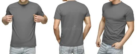 Young male in blank gray t-shirt, front and back view, isolated white backg...