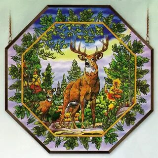 Elk Deer 22 Octagon Wapiti Moose Stained Glass Panel on PopS