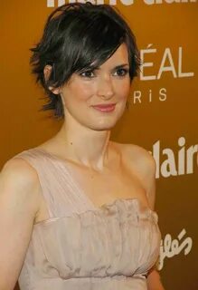 Winona Ryder's short haircut with angled layers and winging 
