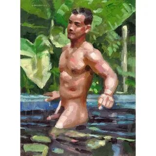 Tropical Pool 24x32 Original Male-Nude Acrylic Painting on E