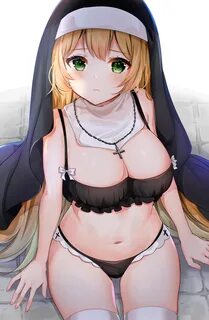 Katsushika Pachi, nuns, digital art, anime girls, thigh-high