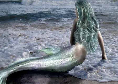 Фантазийное изображение длинноволосой русалки на берегу Обои
