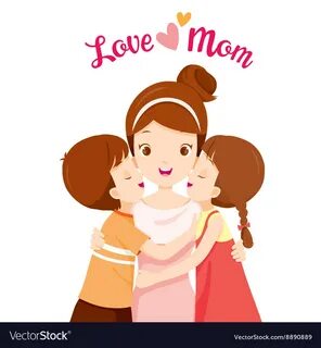 Kids hugging mother and kissing on her cheeks Vector Image