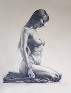 Nude Woman Kneeling Drawn Figure Study.