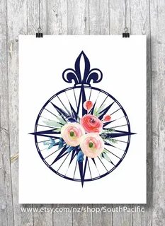 Compass rose Watercolor flowers roses Printable art Nautical