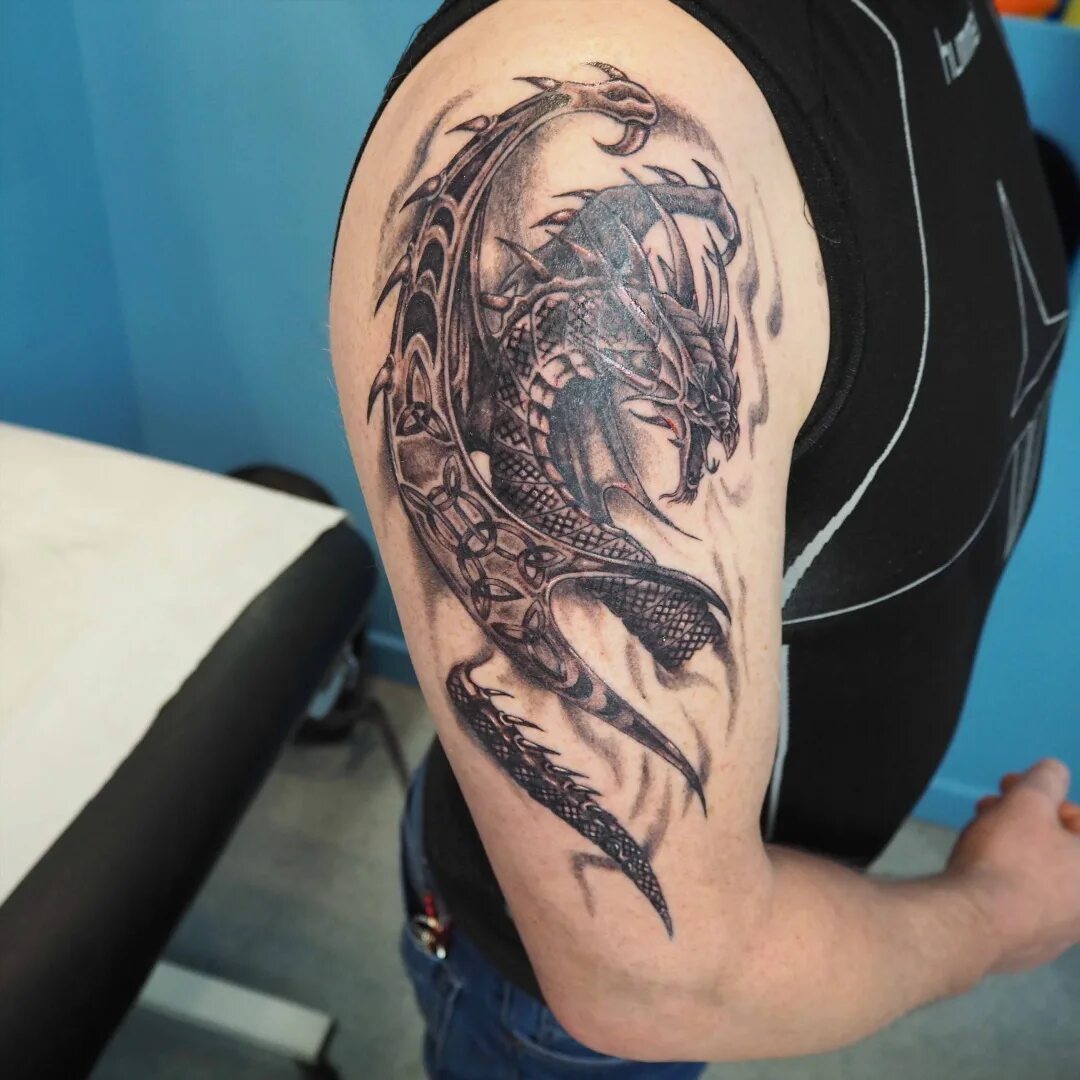 "Dragon tattoo by Karl @abodytattoo #dragontattoo #dragon #celticdrago...