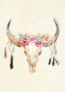 Wall Art Prints Watercolour Print Cow Skull With Flowers Ets