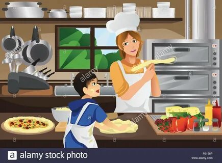 A vector illustration of mother and son preparing pizza dough together in t...