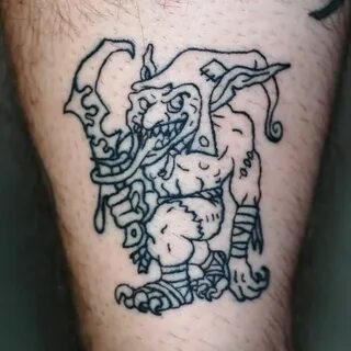 Black Outline Goblin Tattoo Design For Thigh