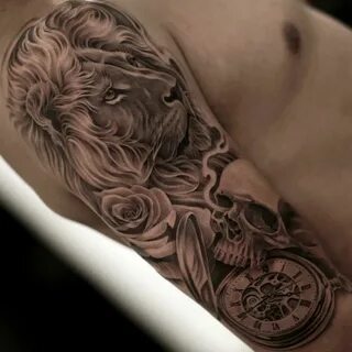WOW half sleeve tattoo for men lion clock idea By juncha Hal