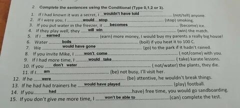 complete the sentences using the conditional type 0 1 2 3 - 