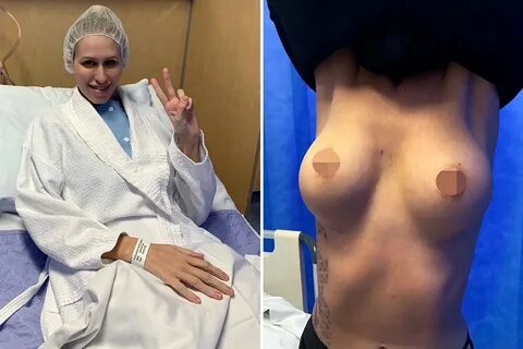 Nat, pictured in hospital ahead of her surgery, had her breast implants rem...