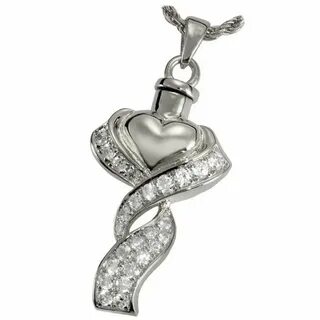 Silver Cremation Jewelry: Ribboned Heart Memorial jewelry as