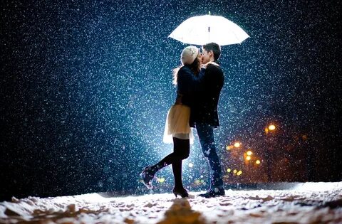 Boy Evening Girl Kiss Love Snowfall Street Umbrella hd wall 
