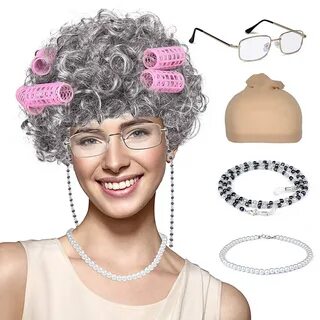 Old Lady National products Wig Granny Cosplay Rollers Hair f