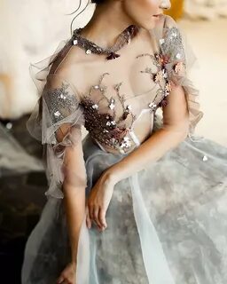 Grey blue wedding dress with sheer mesh and floral embellish