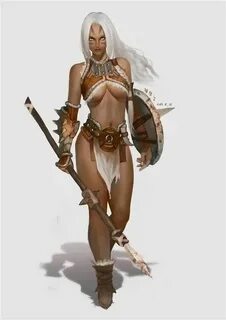 Barbarian woman with spear and shield. Fantasy female warrio