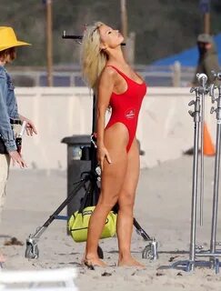 Lily James As Pam Anderson In Red Baywatch Bathing Suit