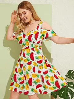 Цена Plus Cold Shoulder Fruit Print Dress SheIn 16 руб.