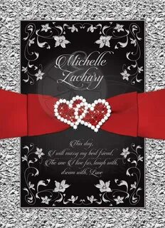 Wedding Invitation Black, Red, Silver Floral Joined Hearts, 