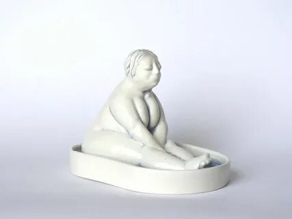 Ceramic Nude Lady in the Tub - White Woman Sculpture, Crackl