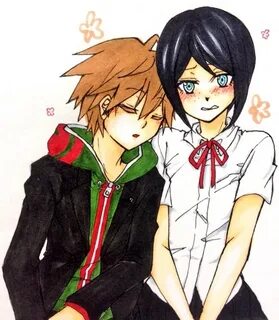 Safebooru - black hair blush brown hair couple dangan ronpa 