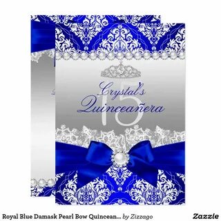 Royal Blue Damask Pearl Bow Quinceanera Invite Zazzle.com Qu