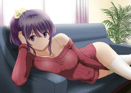 Purple hair anime girl big boobs