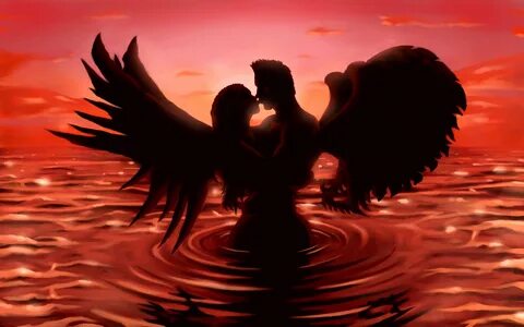 Love picture boy and girl with angel wings hug kiss red sky 