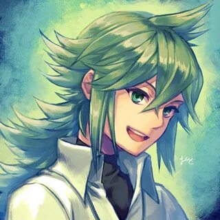 Safebooru - 1boy :d collared shirt green eyes green hair hai