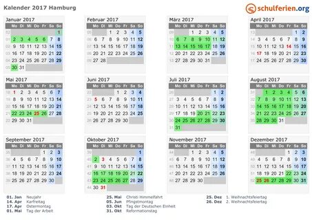Kalender 2017 + Ferien Hamburg, Feiertage
