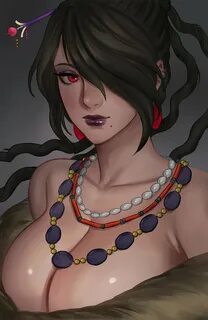 Safebooru - 1girl bare shoulders black hair breasts cleavage