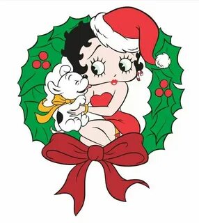 Betty Boop in a Santa suit sitting in a wreath with Pudgy. M