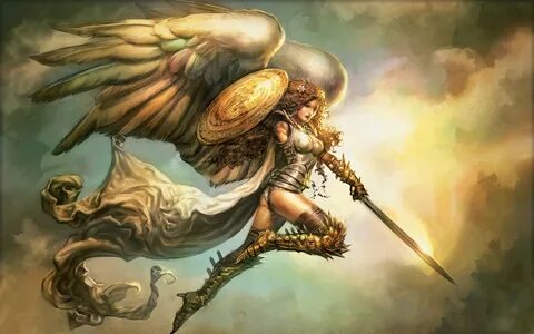 Wallpaper : artwork, fantasy art, angel, wings, sword, shiel