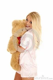 Woman Blond Pajamas Bear Hug Smile Stock Photo - Image of fa