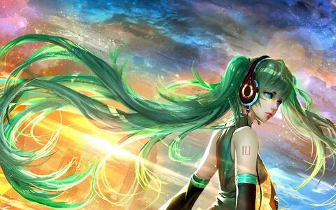 women, Long Hair, Vocaloid, Hatsune Miku, Green Hair, Headph