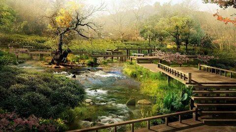 Garden Lake Bridge Japanese Nature Wallpaper. 