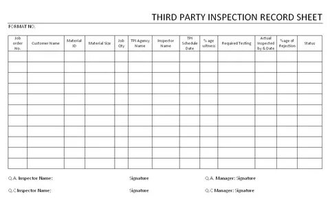 Third party inspection record sheet