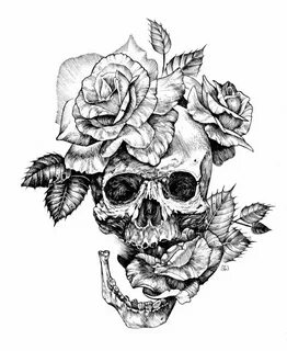Black and White skull with roses pen drawing Art Print by Sa