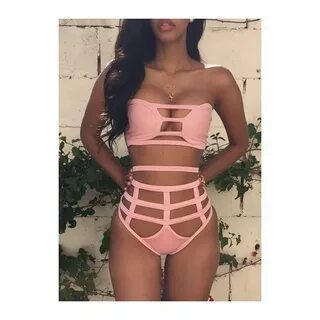 Rotita High Waist Harness Pink Strapless Two Piece Swimwear 