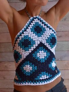 Crochet Open back Top women Crochet Granny Top White Blue Bo