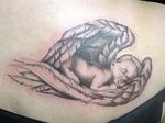 Grey Ink Cherub Angel Tattoo On Upperback